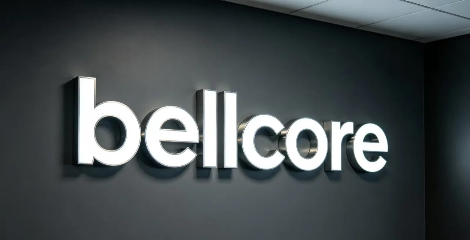Illuminated Bellcore sign on a charcoal wall